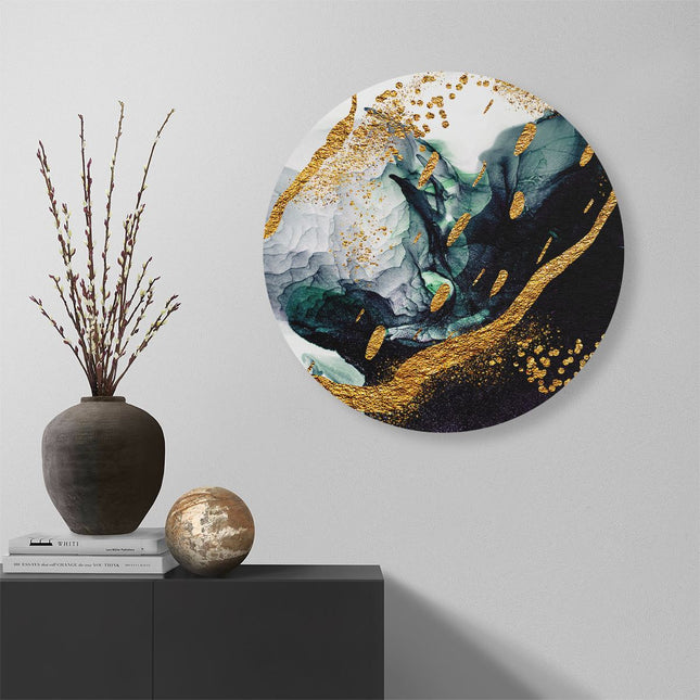 Wandcirkel muur Abstracte Kunst - Zwart Wit met Gouden Strepen