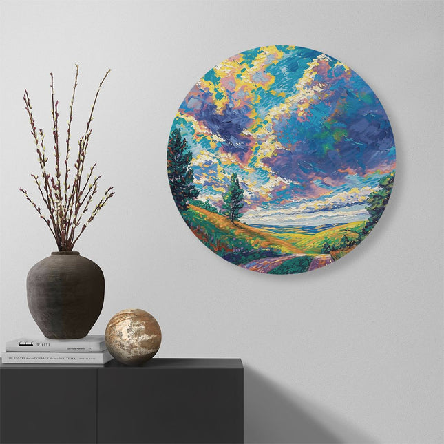 Wandcirkel muur Kleurrijk Kunstwerk van een Onverharde Weg onder een Bewolkte Hemel