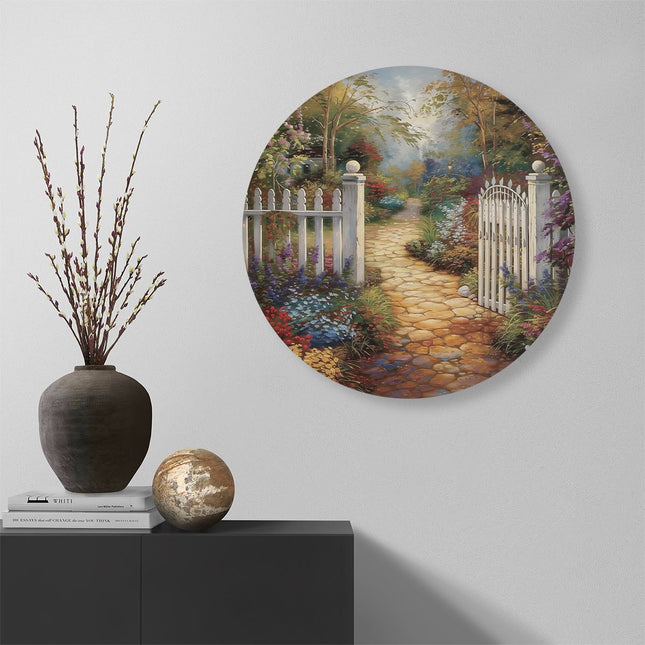Wandcirkel muur Kunstwerk van een Witte Poort in een Tuin