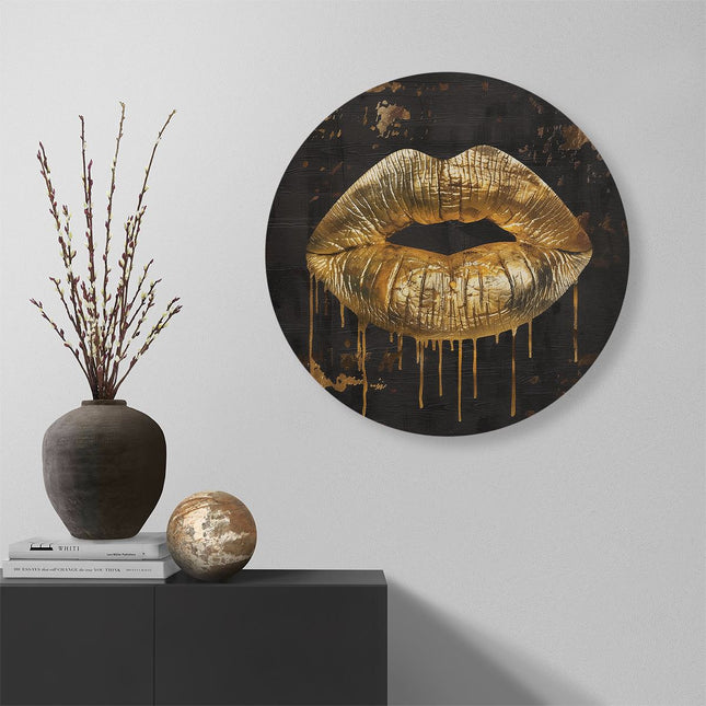 Wandcirkel muur Gouden Lippen op een Zwarte Achtergrond
