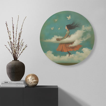 Wandcirkel muur Meisje in een Oranje Jurk die in de Wolken Vliegt