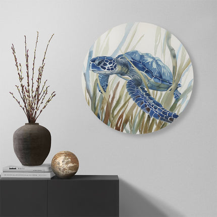 Wandcirkel muur Blauwe Zeeschildpad die in Hoog Gras Zwemt