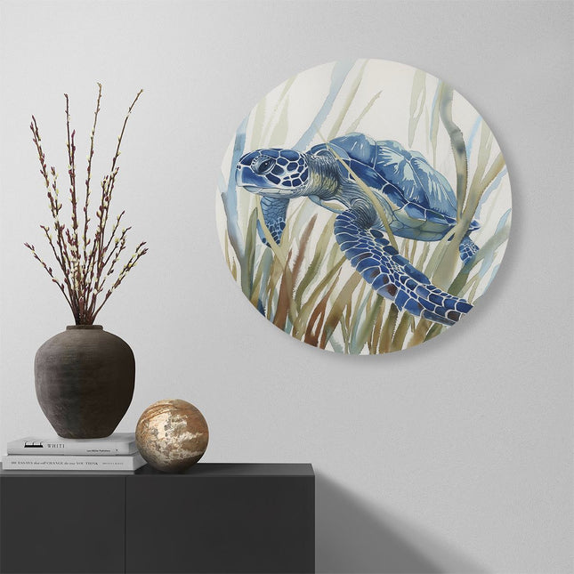 Wandcirkel muur Blauwe Zeeschildpad die in Hoog Gras Zwemt