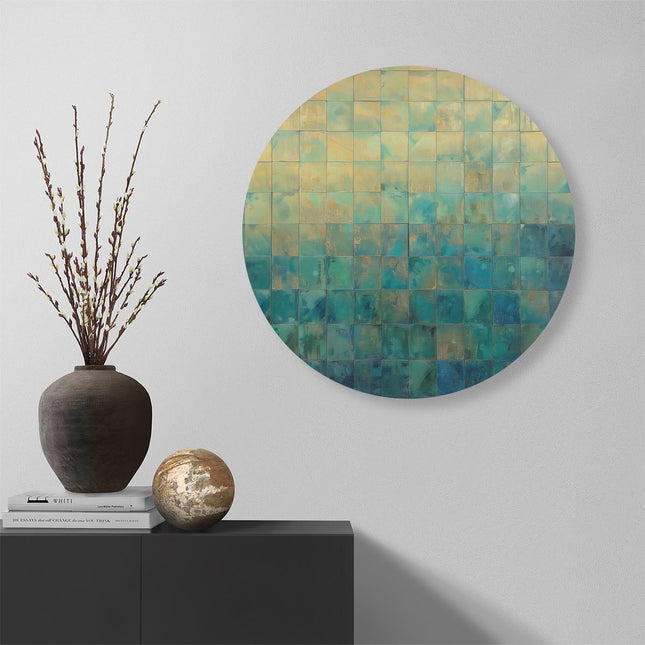 Wandcirkel muur Blauw en Goud Betegeld Kunstwerk