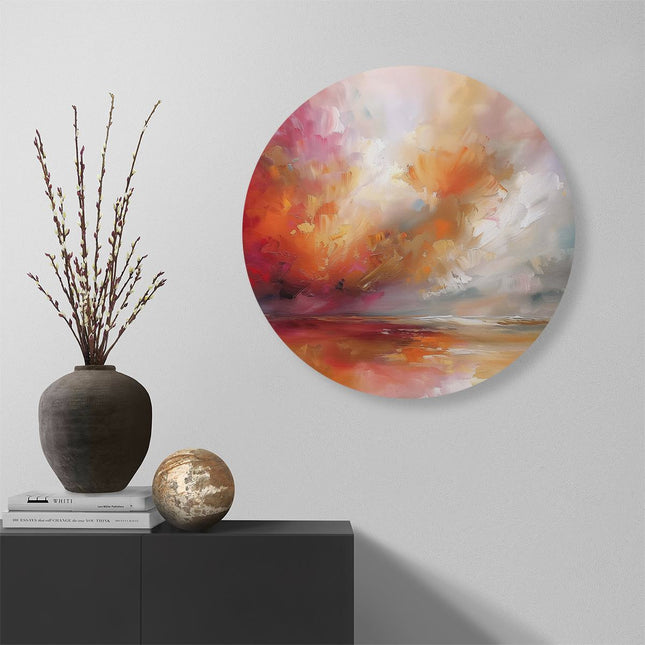 Wandcirkel muur Abstract Kunstwerk van een Rode, Oranje en Gele Lucht