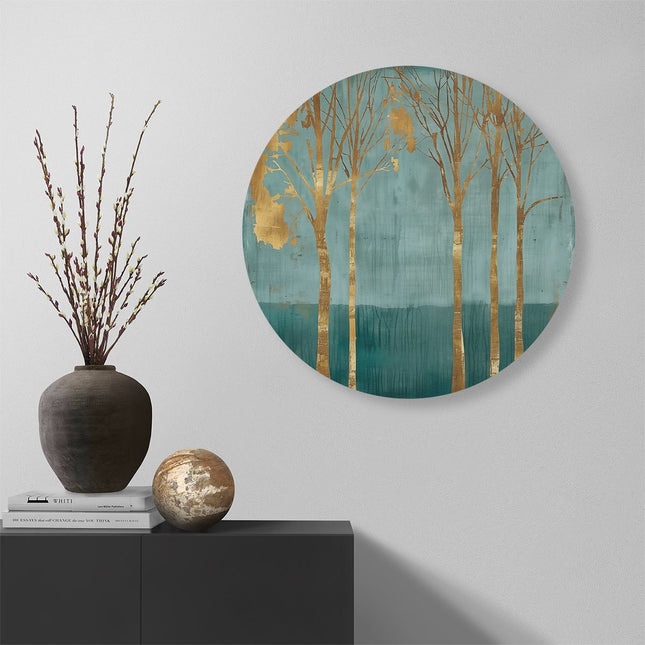 Wandcirkel muur Drie Bomen in een Blauw en Goud Kunstwerk