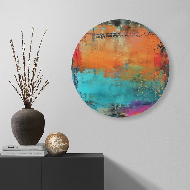 Wandcirkel muur Abstract Kunstwerk met Blauwe, Oranje en Paarse Kleuren