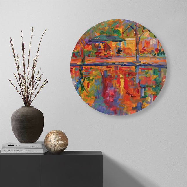 Wandcirkel muur Kleurrijk Kunstwerk van een Vijver en Bomen