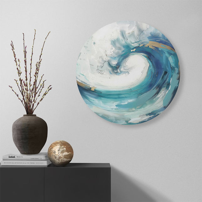 Wandcirkel muur Abstract Kunstwerk van een Blauwe en Witte Golf