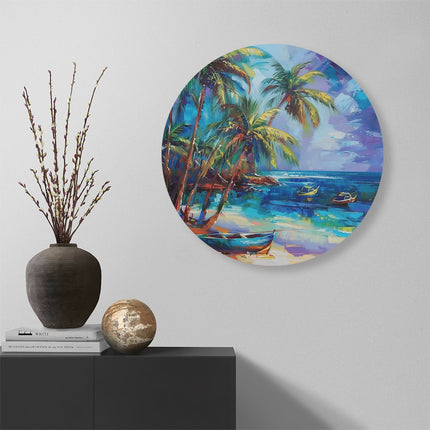Wandcirkel muur Kunstwerk van een Strand met Boten en Palmbomen