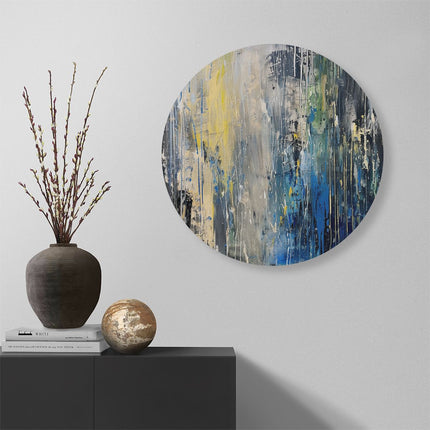 Wandcirkel muur Abstract Kunstwerk met Blauwe, Gele en Zwarte Druppels