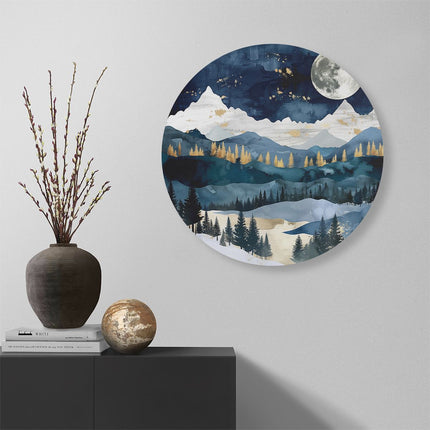 Wandcirkel muur Aquarelkunstwerk van een Besneeuwd Landschap met een Volle Maan