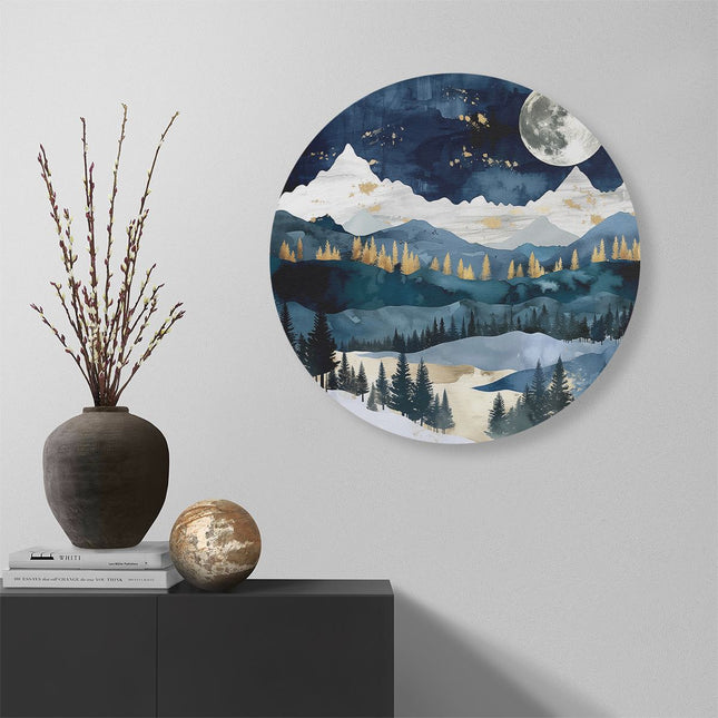 Wandcirkel muur Aquarelkunstwerk van een Besneeuwd Landschap met een Volle Maan