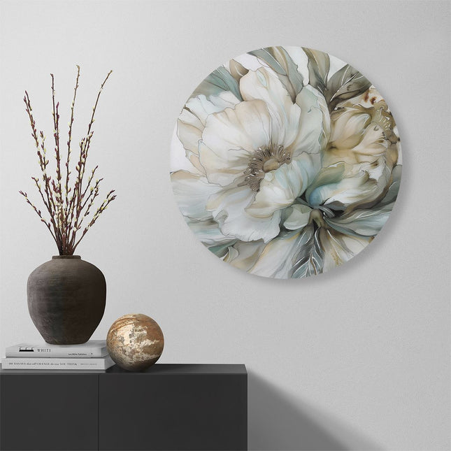 Wandcirkel muur Kunstwerk van een Witte Bloem op een Witte Achtergrond