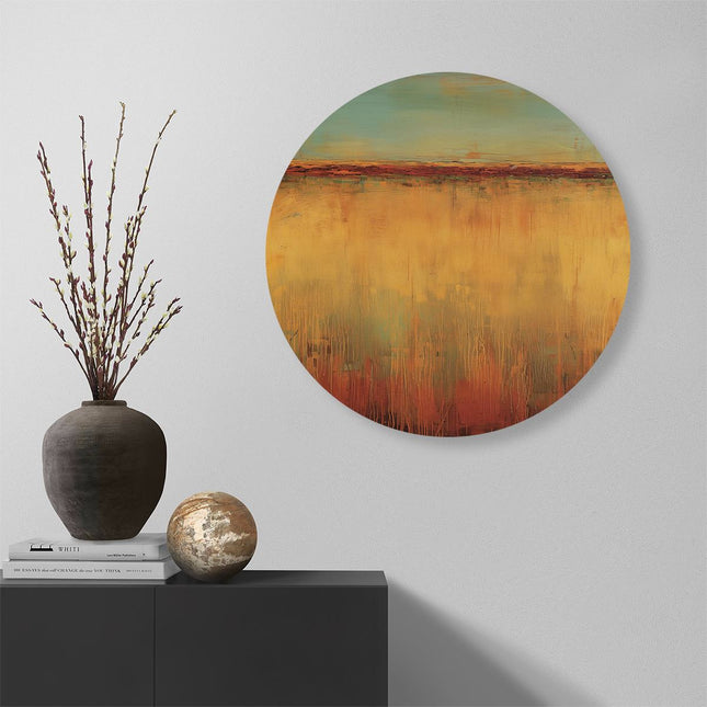 Wandcirkel muur Abstract Kunstwerk van een Rood, Oranje en Geel Landschap