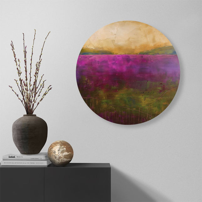 Wandcirkel muur Abstract Kunstwerk van een Paars en Goudlandschap