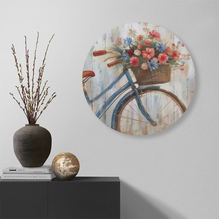 Wandcirkel muur Kunstwerk van een Fiets met Bloemen in een Mand