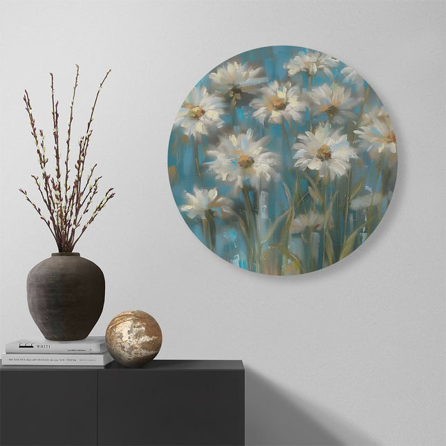 Wandcirkel muur Kunstwerk van Witte Madeliefjes op een Blauwe Achtergrond