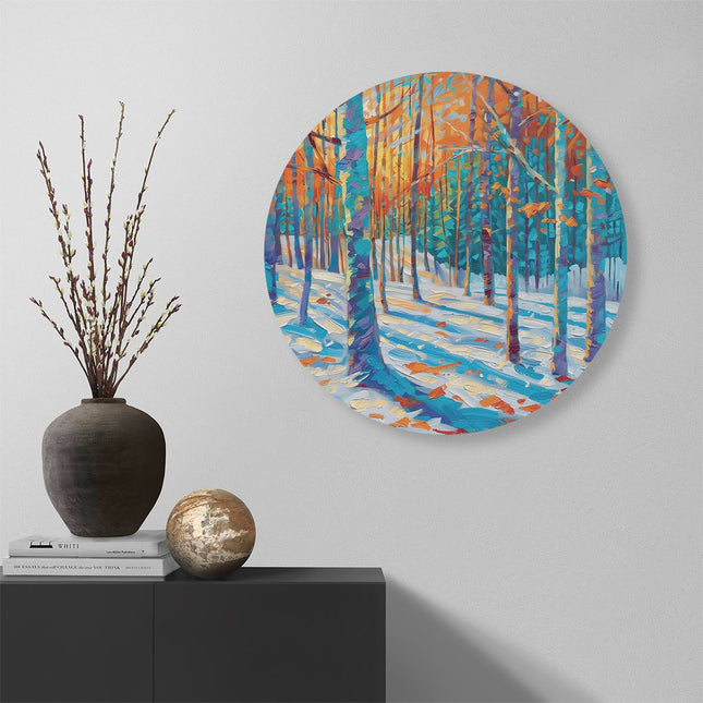 Wandcirkel muur Kunstwerk van een Besneeuwd Bos bij Zonsondergang