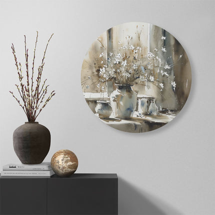 Wandcirkel muur Aquarelkunstwerk van Bloemen in een Vaas op een Vensterbank