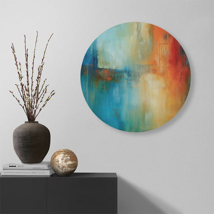 Wandcirkel muur Abstract Kunstwerk met Blauwe, Oranje en Rode Kleuren