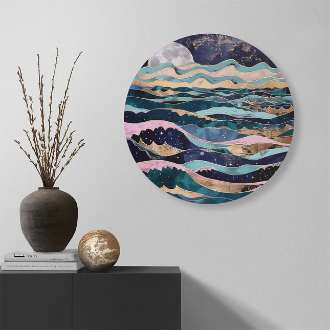 Wandcirkel muur Kunstwerk van de Oceaan met Golven en een Maan