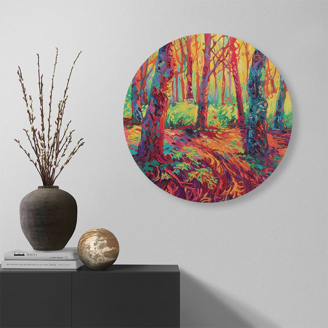 Wandcirkel muur Kleurrijk Kunstwerk van Bomen in een Bos