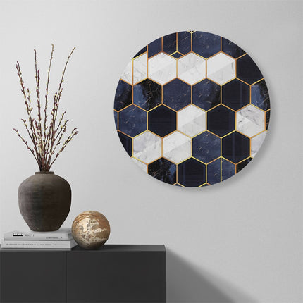 Wandcirkel muur Blauw en Goud Marmerpatroon met Zeshoeken