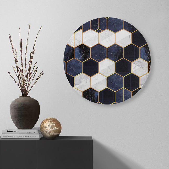 Wandcirkel muur Blauw en Goud Marmerpatroon met Zeshoeken