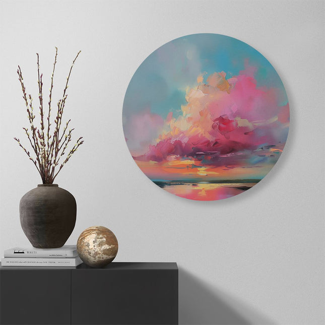 Wandcirkel muur Kunstwerk van een Zonsondergang met Roze en Blauwe Wolken