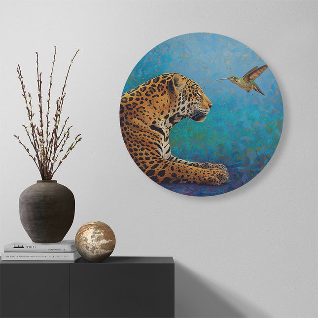 Wandcirkel muur Kunstwerk van een Jaguar en een Kolibrie