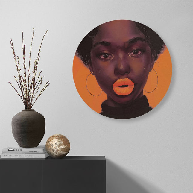 Wandcirkel muur Zwarte Vrouw met Oranje Lippen