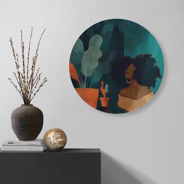 Wandcirkel muur Illustratie van een Vrouw met Afrohaar en een Potplant