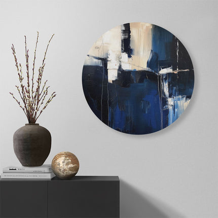 Wandcirkel muur Abstract Kunstwerk in Blauw en Wit