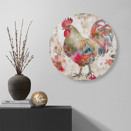 Wandcirkel muur Aquarelkunstwerk van een Haan met Bloemen
