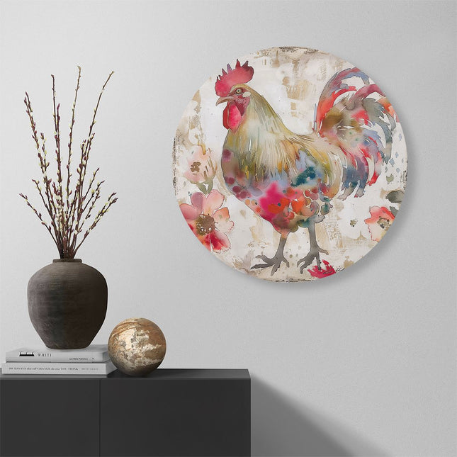 Wandcirkel muur Aquarelkunstwerk van een Haan met Bloemen