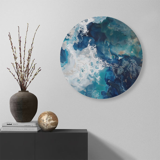 Wandcirkel muur Blauw en Wit Kunstwerk op een Witte Achtergrond