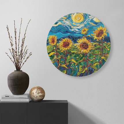 Wandcirkel muur Kunstwerk van Zonnebloemen in een Veld