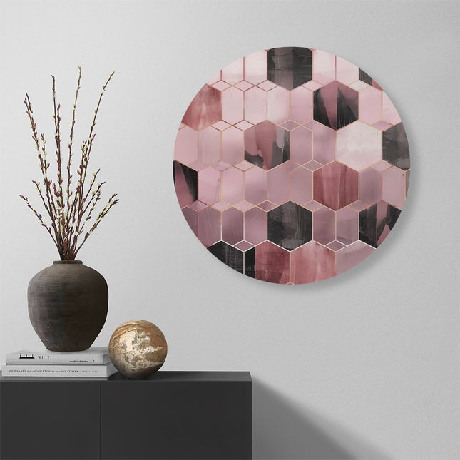 Wandcirkel muur Roze en Zwart Geometrisch Patroon