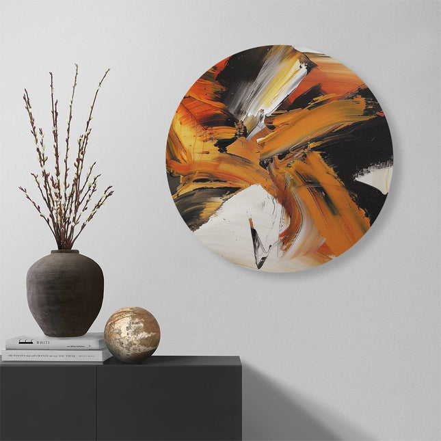Wandcirkel muur Abstract Kunstwerk met Oranje en Zwarte Strepen