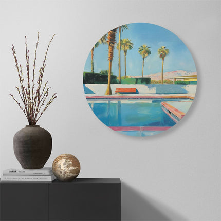 Wandcirkel muur Kunstwerk van een Zwembad met Palmbomen