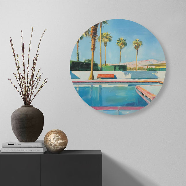 Wandcirkel muur Kunstwerk van een Zwembad met Palmbomen