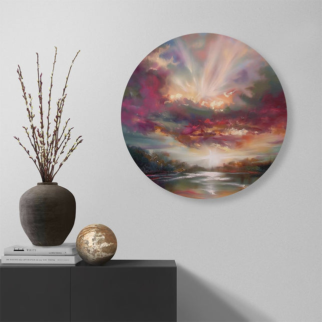 Wandcirkel muur Kunstwerk van een Zonsondergang boven een Rivier