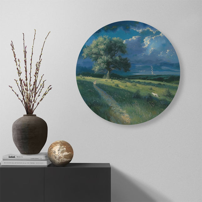 Wandcirkel muur Kunstwerk van een Grasveld met een Boom