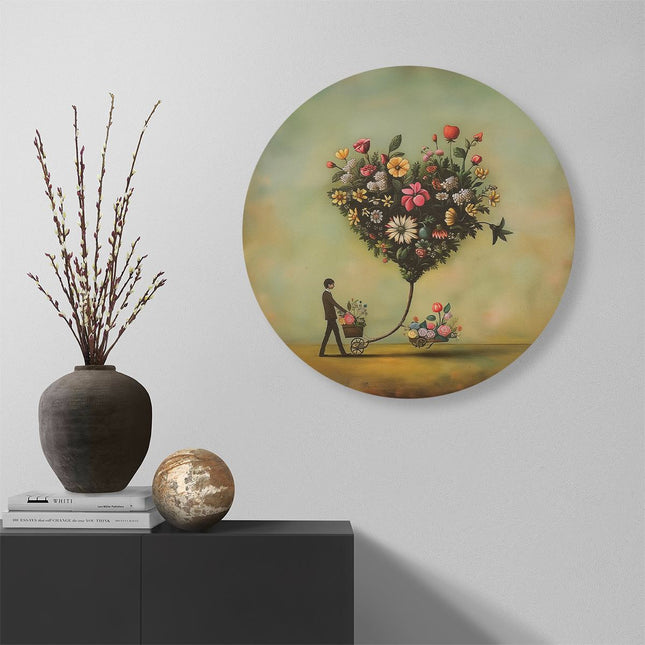 Wandcirkel muur Man die een Kar Voortduwt met een Hartvormig Boeket Bloemen