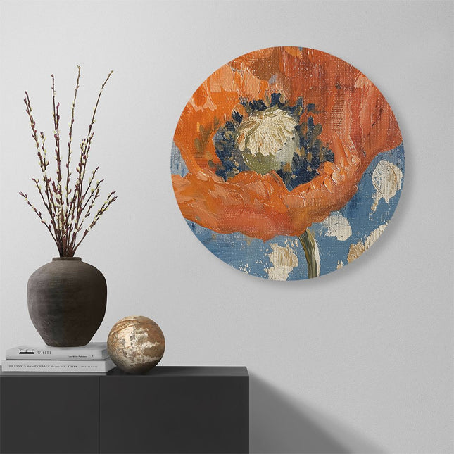 Wandcirkel muur Oranje Papaver op een Blauwe Achtergrond