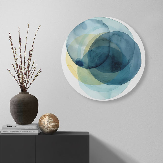 Wandcirkel muur Blauwe, Gele en Witte Cirkels op een Witte Achtergrond