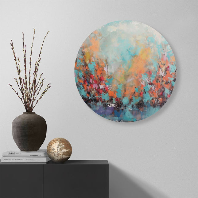 Wandcirkel muur Abstract Kunstwerk van Bomen in Blauw en Oranje