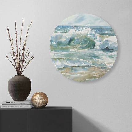 Wandcirkel muur Aquarelkunstwerk van een Golf op het Strand