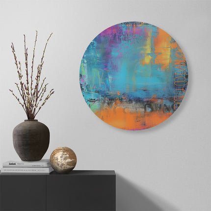 Wandcirkel muur Abstract Kunstwerk met Blauwe, Oranje en Gele Kleuren